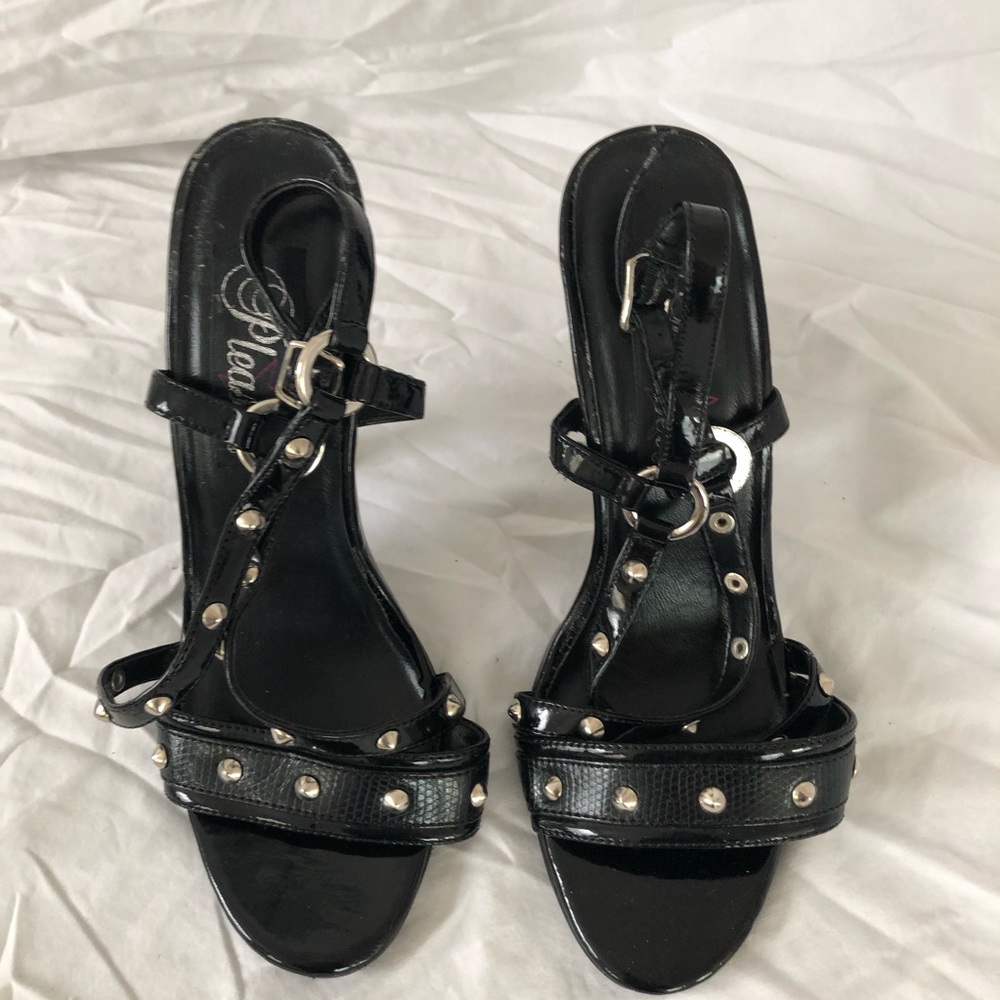 Pleaser Black Strappy Studded Patent Leather Heels - Picture 8 of 8
